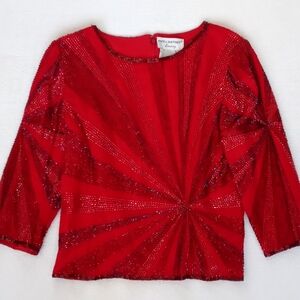100% Silk Women's Red Heavily Beaded Sequins 3/4 Sleeve Evening Party Blouse M